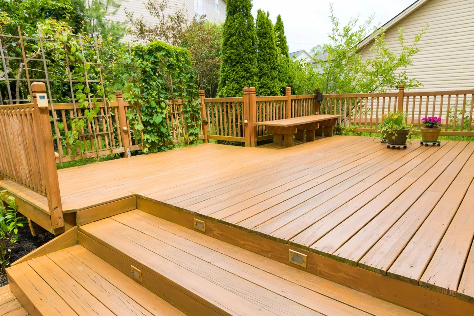 Custom wooden deck on a residential home in northern Michigan